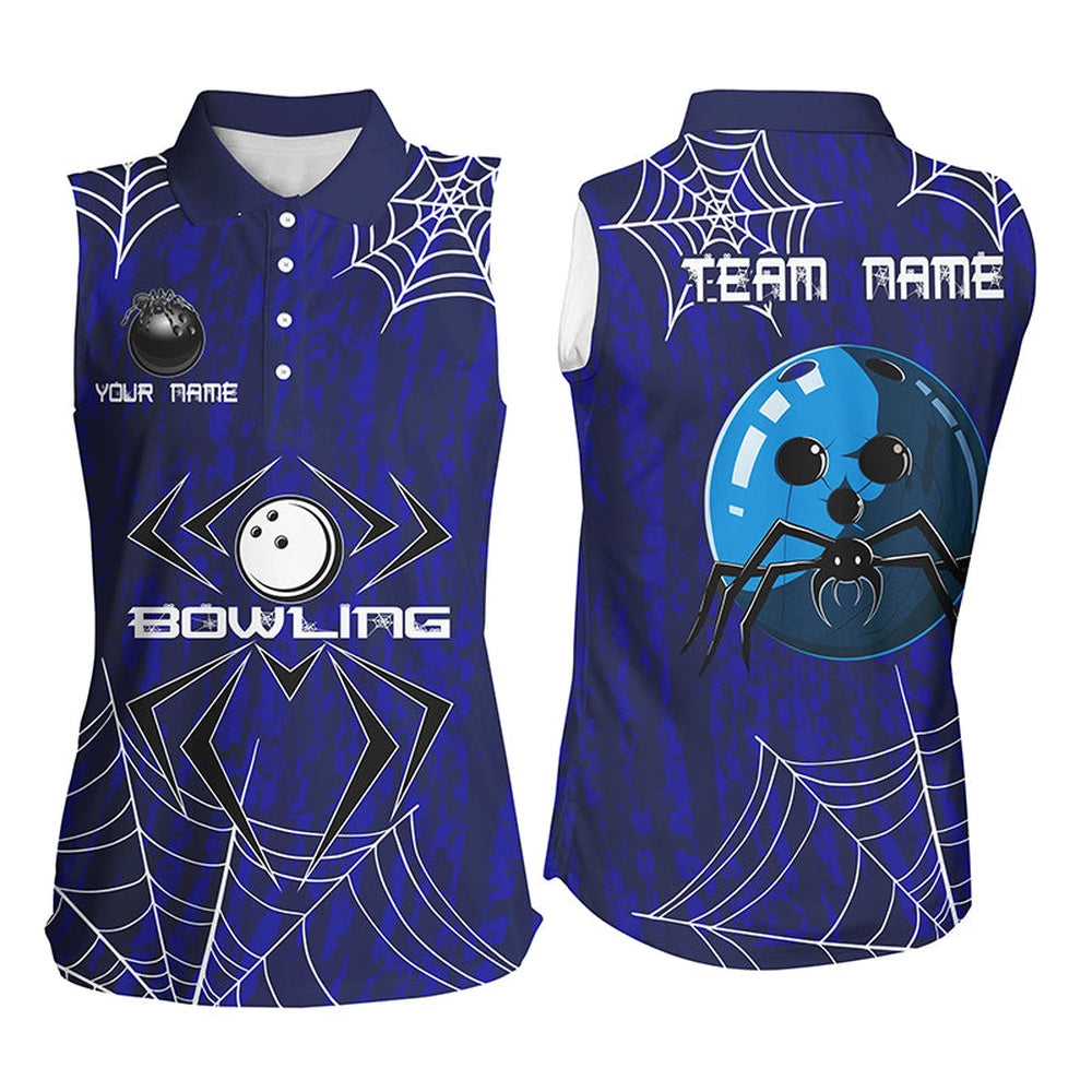 Blue Camo Bowling Sleeveless Polo Shirts Custom Spider Web Halloween Men Team Bowling Polo, Women Bowling Shirts