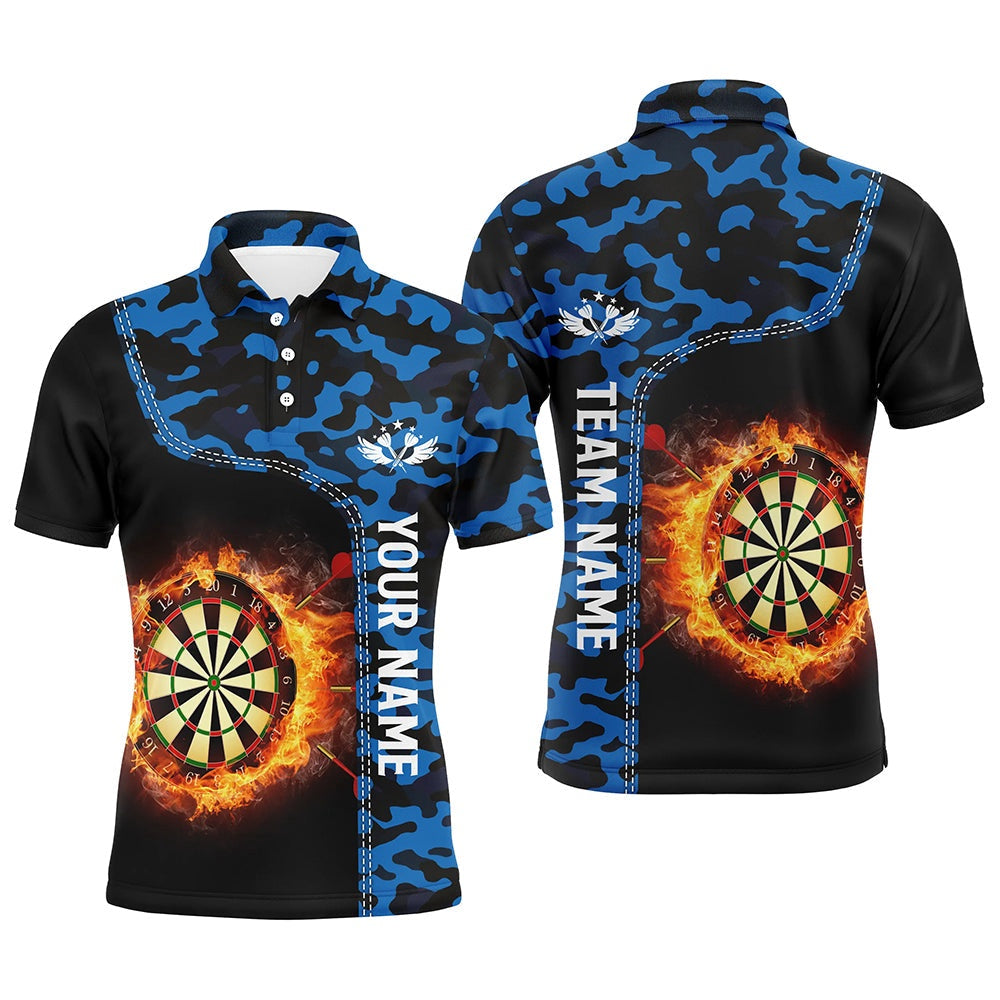 Blue Camo Flame Darts Board Mens Polo Shirt Custom Darts Shirt For Men Dart Polo, Darts Team Polo Shirt