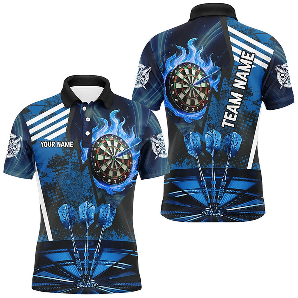 Blue Dartboard Fire Flame Hitting Target Custom Dart Shirts For Men, Darts League Team Polo, Darts Team Polo Shirt