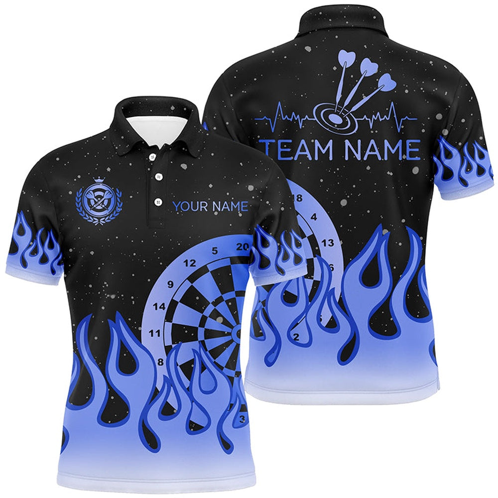 Blue Dartboard Fire Flame Men Darts Polo Shirt Custom Team Polo Darts Gifts, Darts Team Polo Shirt