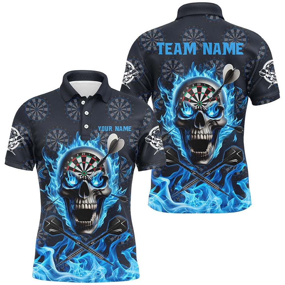 Blue Darts Skull Fire Flame Custom Men Darts Shirts, 3D Printed Darts Polo Short Sleeve For Team, Darts Team Polo Shirt