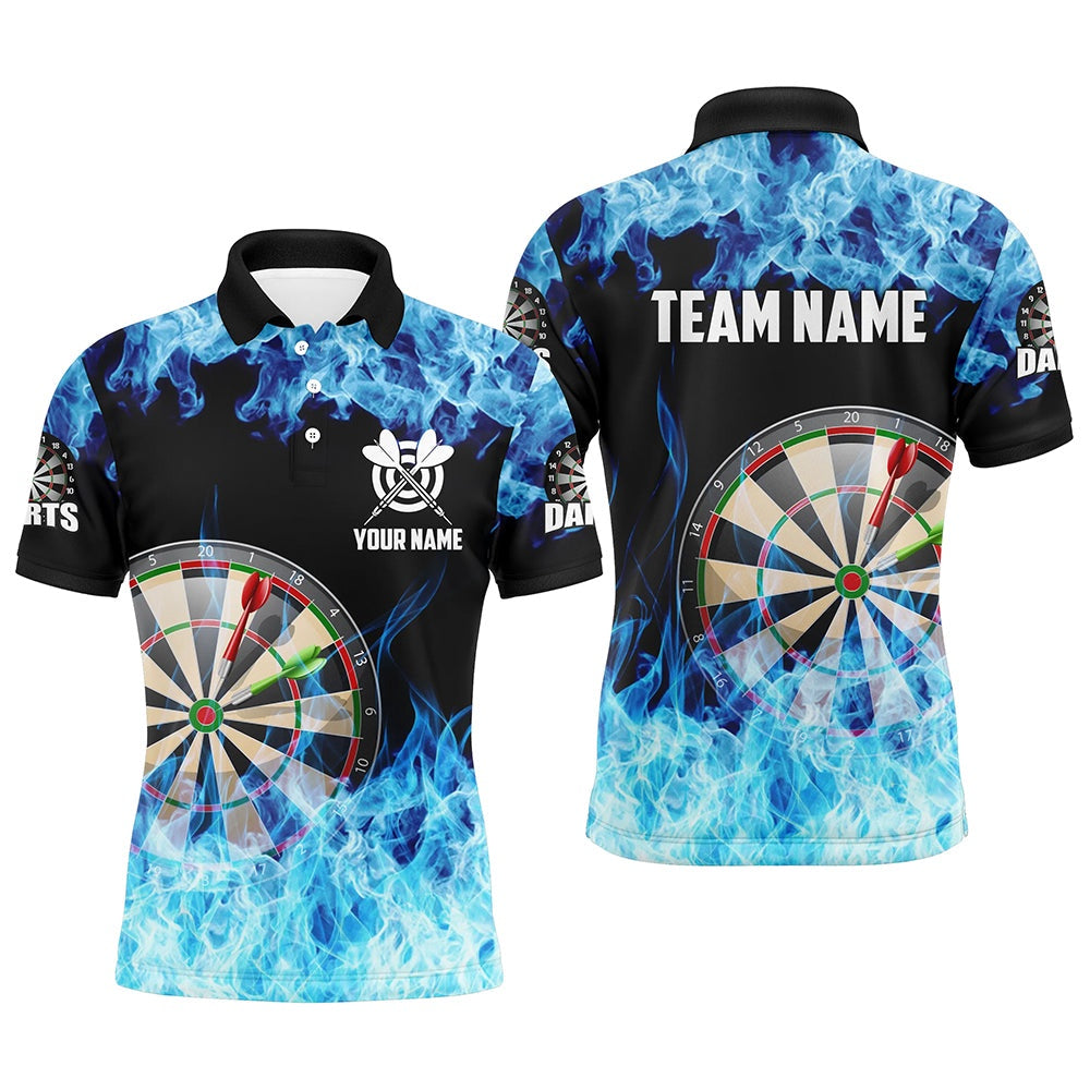 Blue Fire Flame Dartboard Men Darts Polo Shirts Custom Darts Shirts For Team Dart Polo, Darts Team Polo Shirt