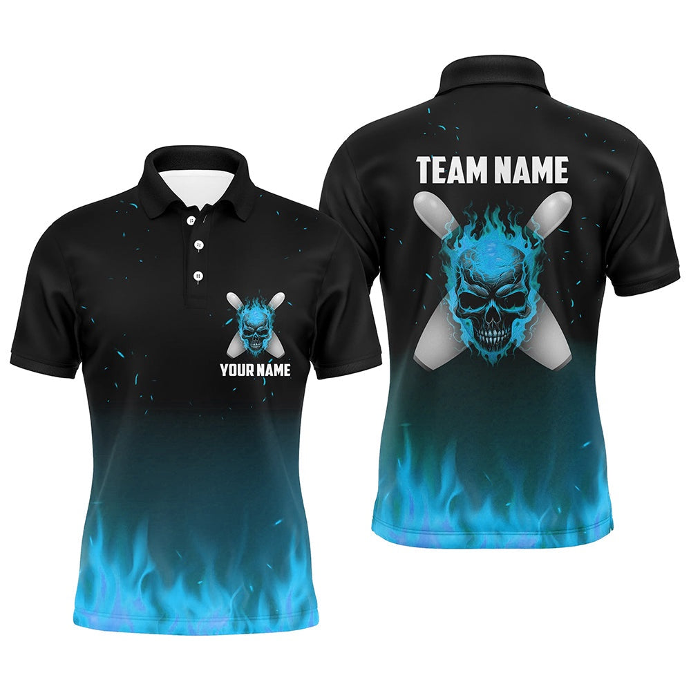 Blue Flame Skull Bowling Polo Shirts Men Personalized Team Bowling Polo Halloween Outfits, Bowling Team Shirts