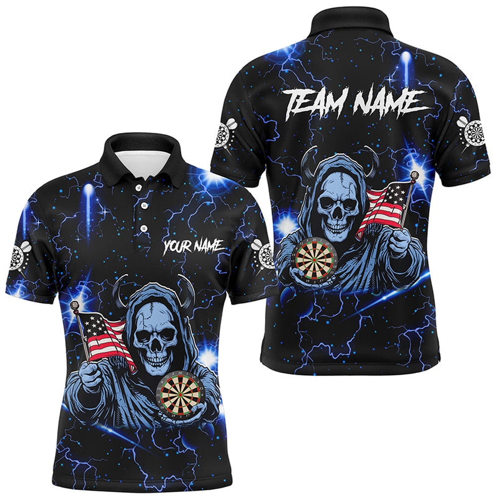 Blue Skull Thunder Lightning US Flag Custom Dart Shirts For Men, Darts League Team Polo, Darts Team Polo Shirt