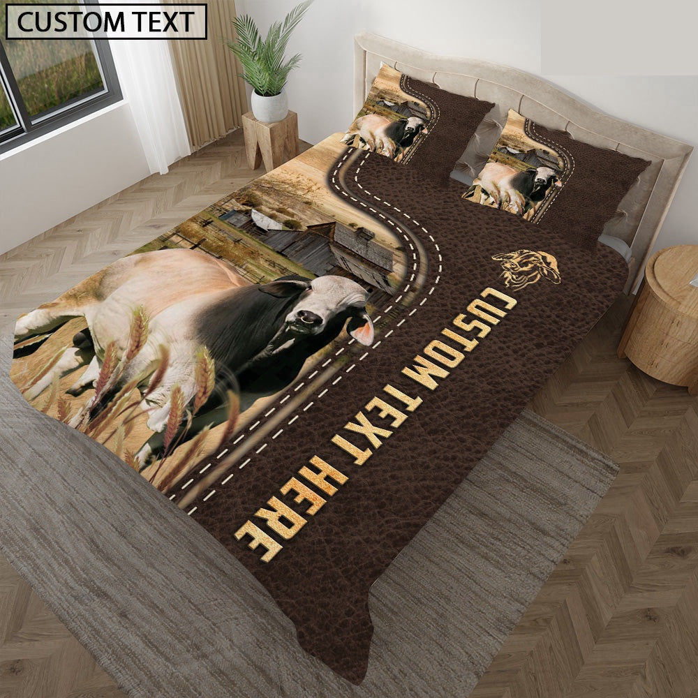 Brahman Custom Text Leather Pattern Bedding Set, Farm Bedding Set, Farmhouse Bedding Set
