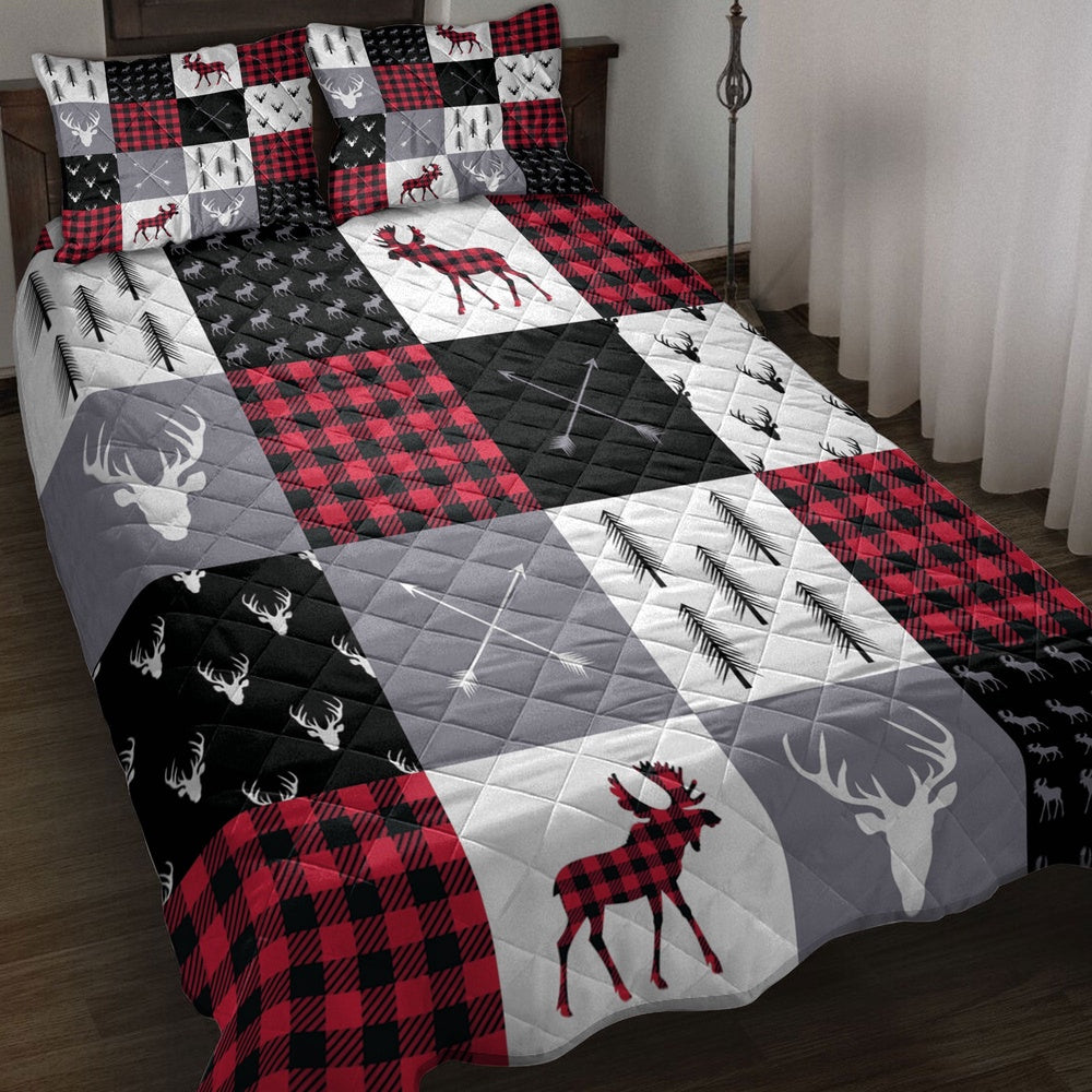 Buffalo Plaid Patchwork Elk Arrows Deer Head And Trees Chrismas Bedding Set, Christmas Beddings, Xmas Bedding Sets