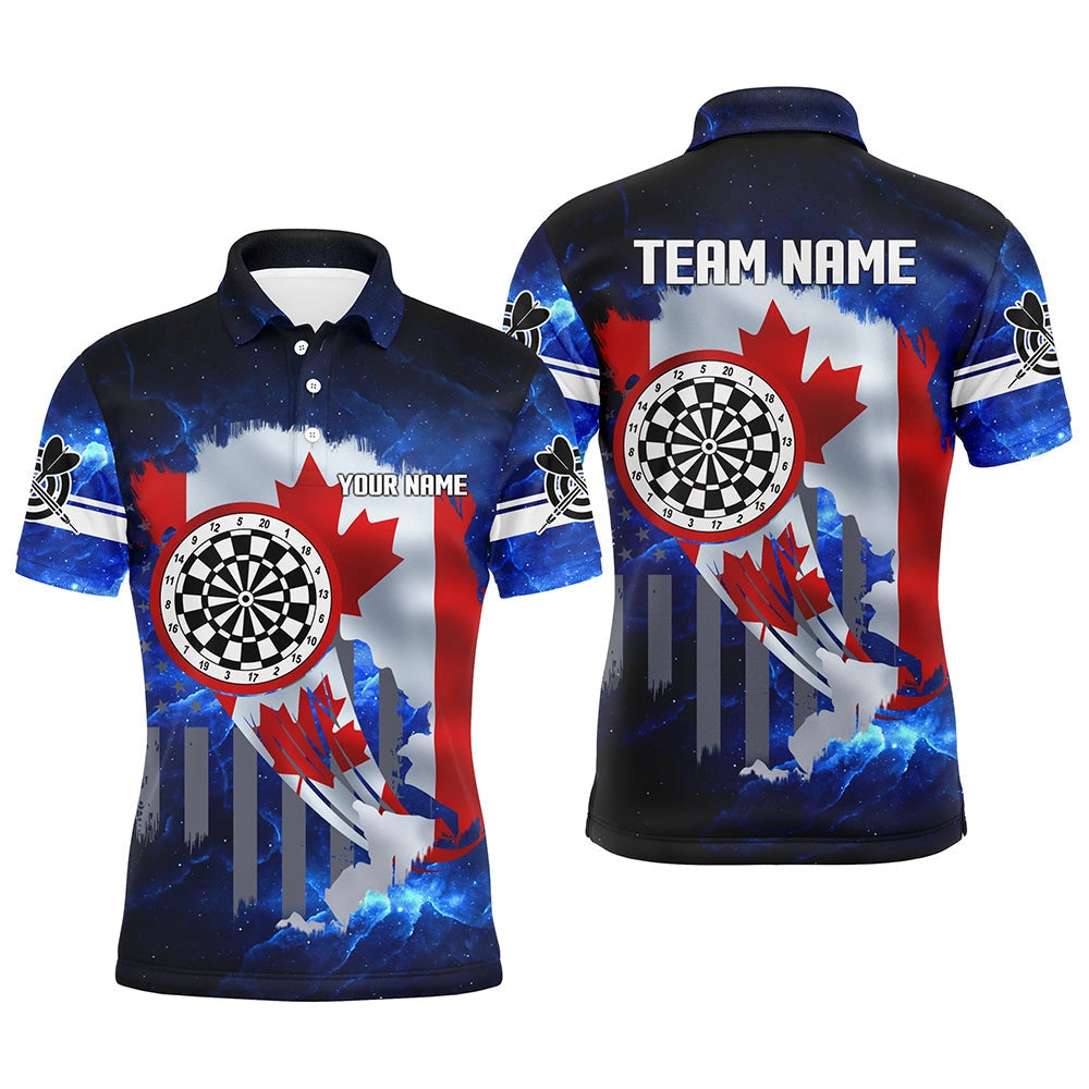 Canada Flag Darts Board Blue Galaxy Men Darts Polo Shirts Custom Patriotic League Darts Polo, Darts Team Polo Shirt