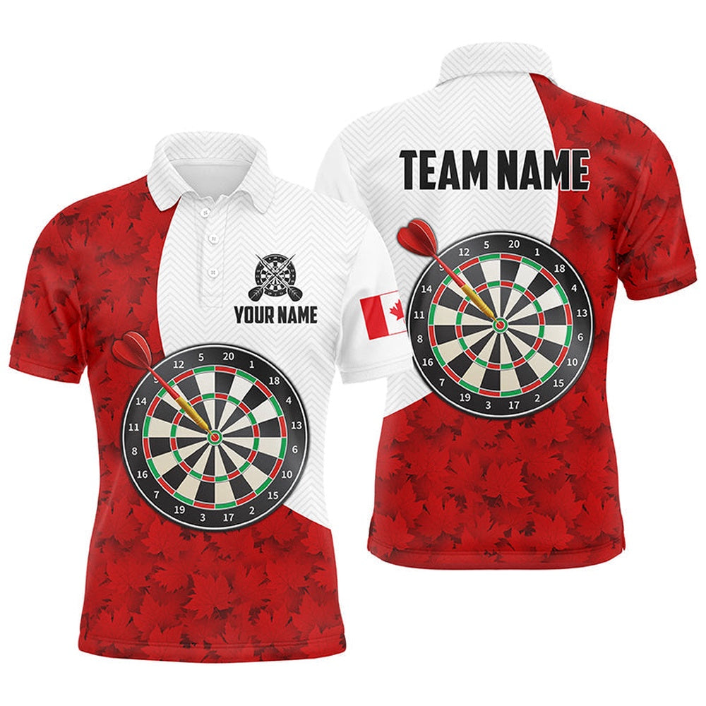 Canada Flag Red Maple Leaf Mens Darts Polo Shirts Custom Patriotic Dart Polo For Men, Darts Team Polo Shirt