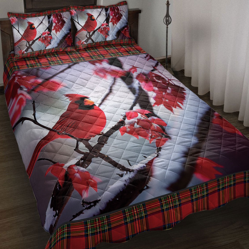 Cardinal Bird Snowflake Red Maple Leaf Buffalo Plaidmas Bedding Set, Christmas Beddings, Xmas Bedding Sets