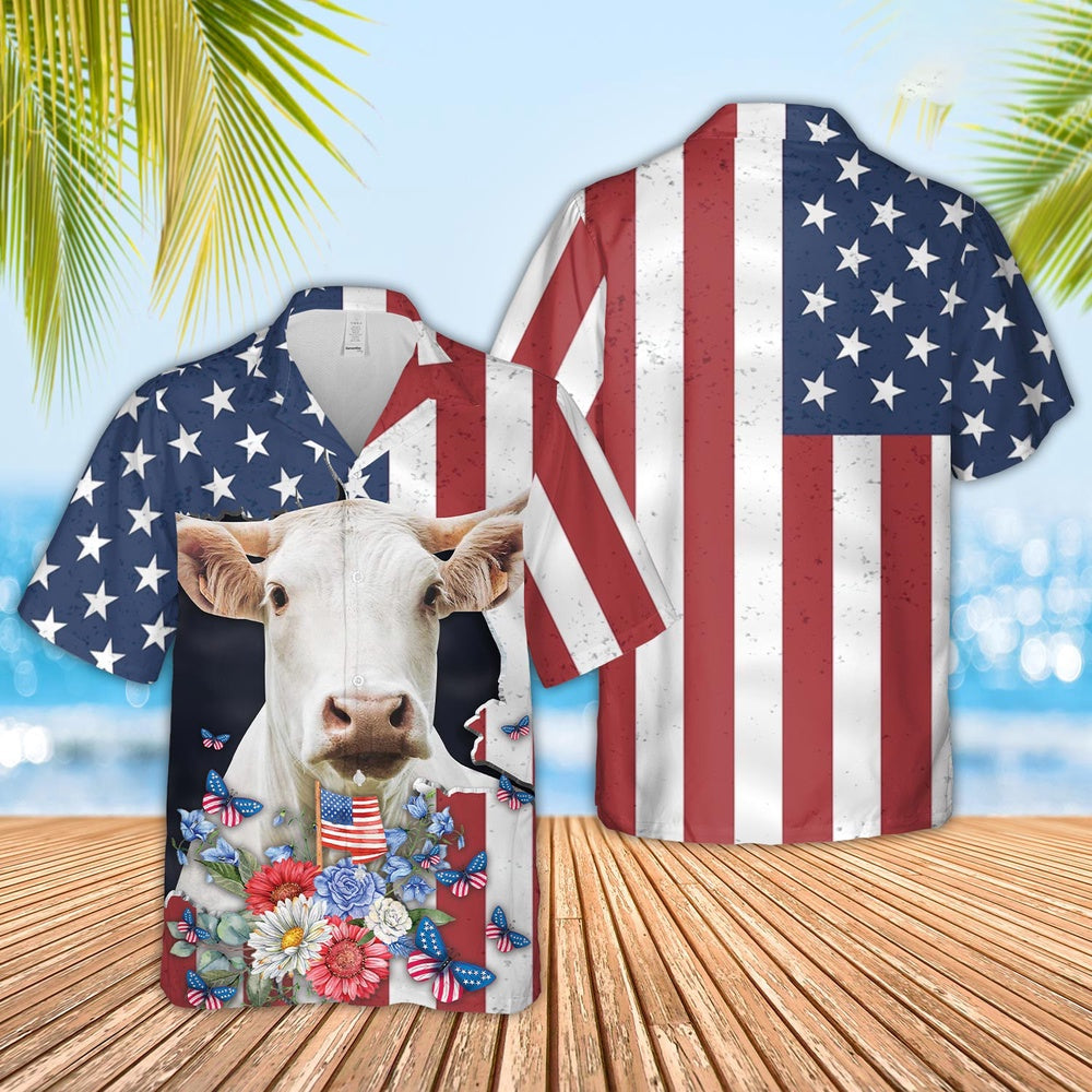 Charolais 4th of July Hawaiian Shirt, Farm Hawaiian Shirt, Farmer Hawaii