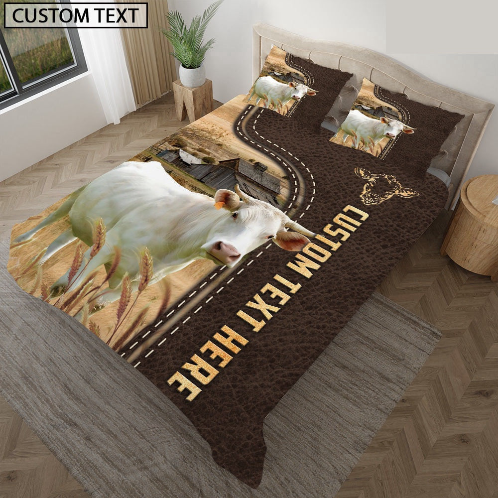 Charolais Custom Text Leather Pattern Bedding Set, Farm Bedding Set, Farmhouse Bedding Set
