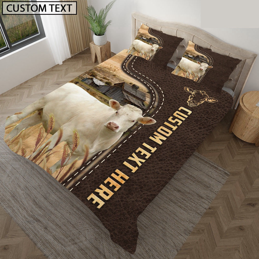 Charolais No Horn Custom Text Leather Pattern Bedding Set, Farm Bedding Set, Farmhouse Bedding Set