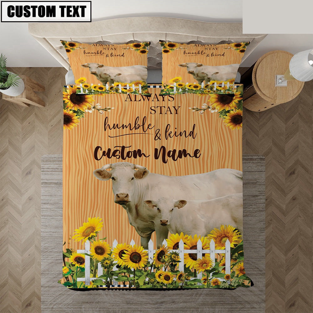 Charolais Stay Humble And Kind Custom Name Bedding Set, Farm Bedding Set, Farmhouse Bedding Set