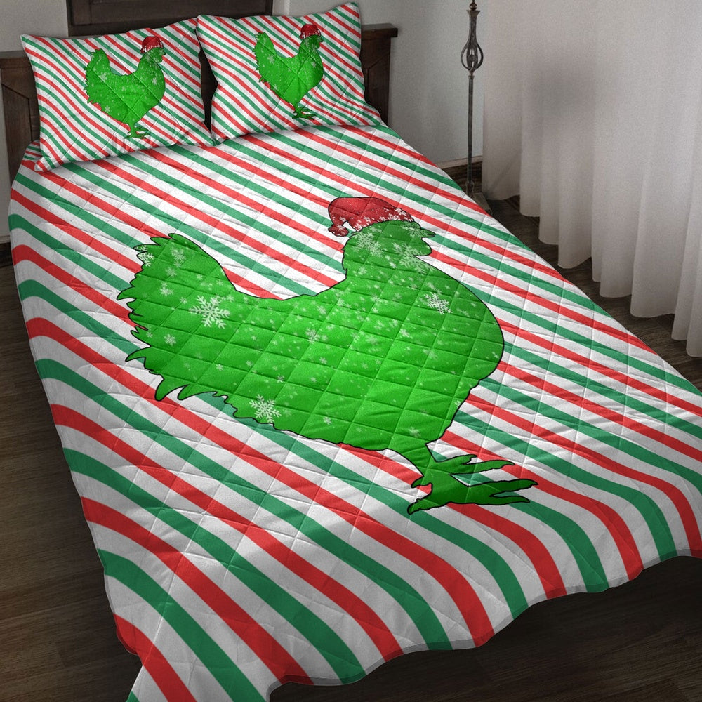 Chickenmas Hat Cane Candy Stripes Shiny Green Winter Holiday Bedding Set, Christmas Beddings, Xmas Bedding Sets