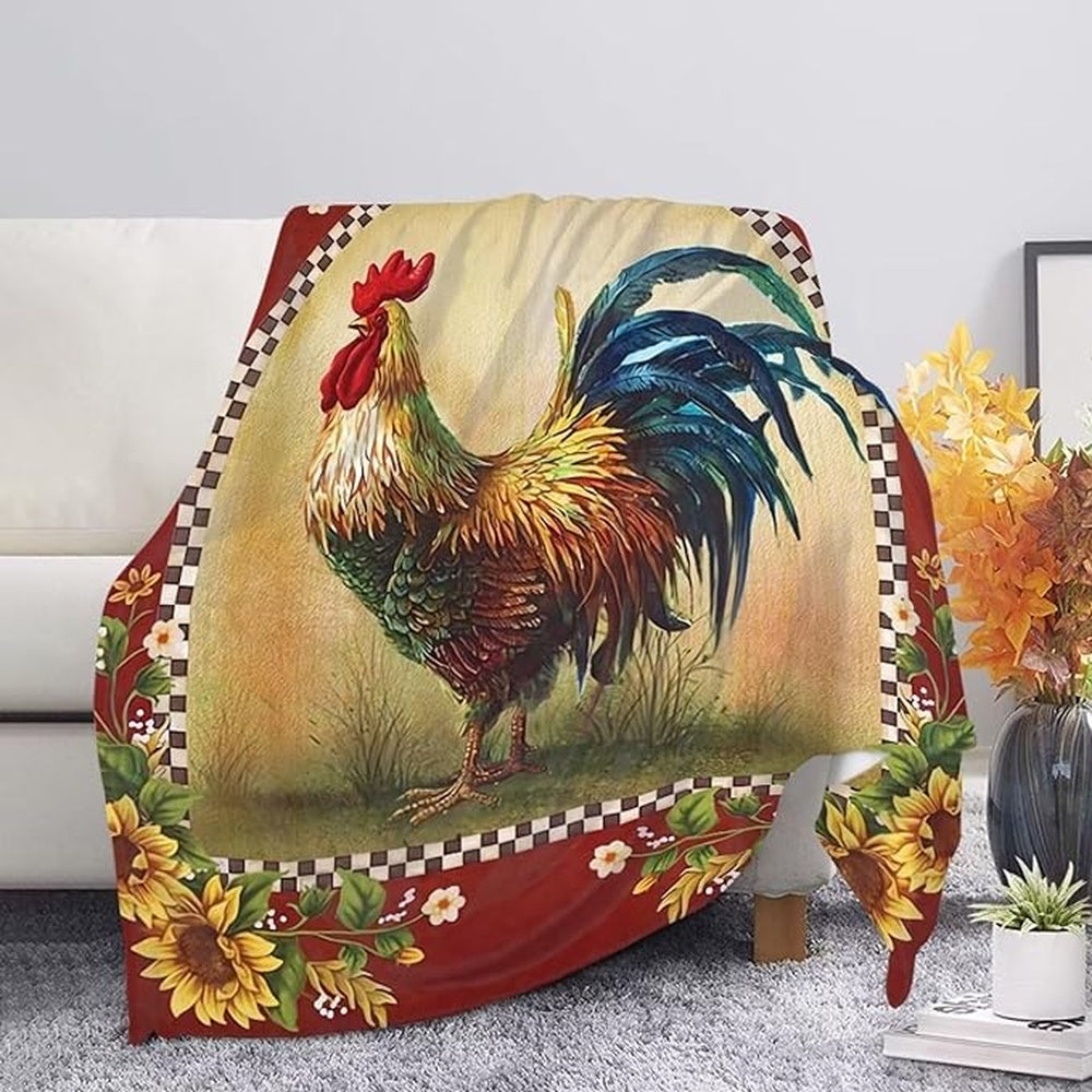 Chickens Rooster Sunflower Painting Blanket, Farm Blanket, Farm Animal Blanket