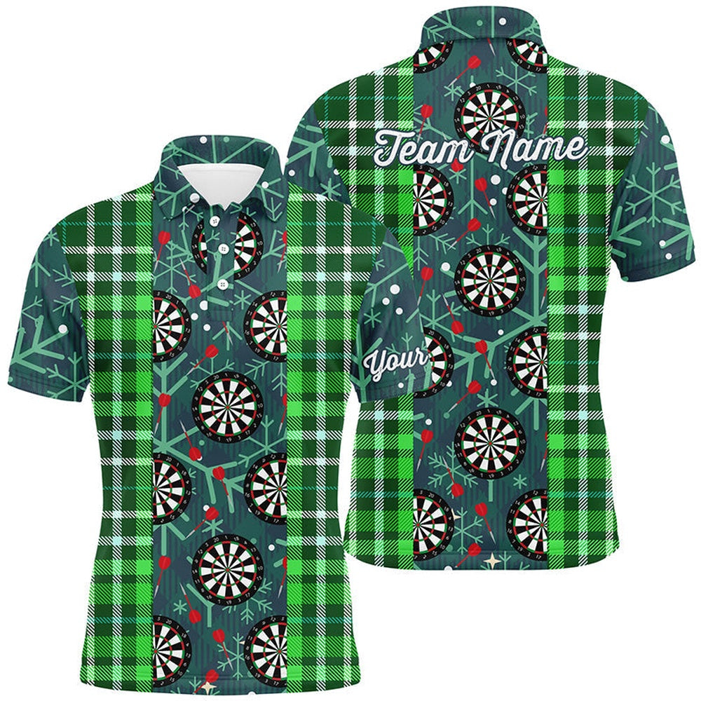 Christmas Darts Flannel Plaid Pattern Green Mens Polo Shirt Custom Darts Polo For Men, Darts Team Polo Shirt