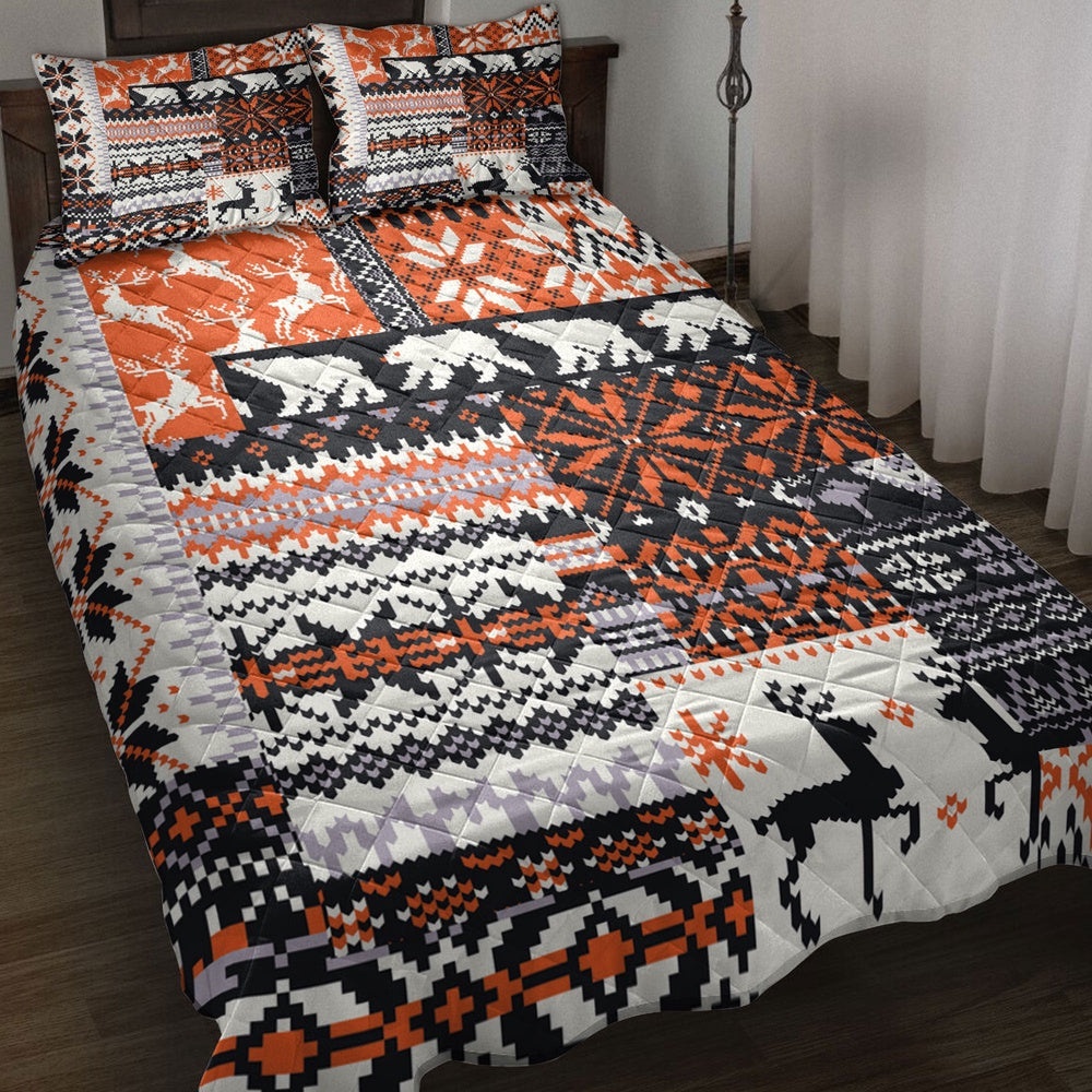Christmas R Ustic Cabin Bear Deer Orange Black Plaid Xmas Holiday Bedding Set, Christmas Beddings, Xmas Bedding Sets