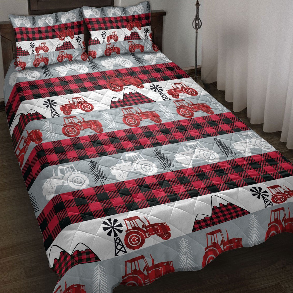 Christmas Red Tractor Farm Country Red Buffalo Plaid Bedding Set, Christmas Beddings, Xmas Bedding Sets