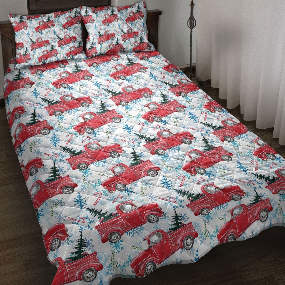 Christmas Red Truck Candy Cane Snowflake Fir Tree Pine Tree Winter Bedding Set, Christmas Beddings, Xmas Bedding Sets