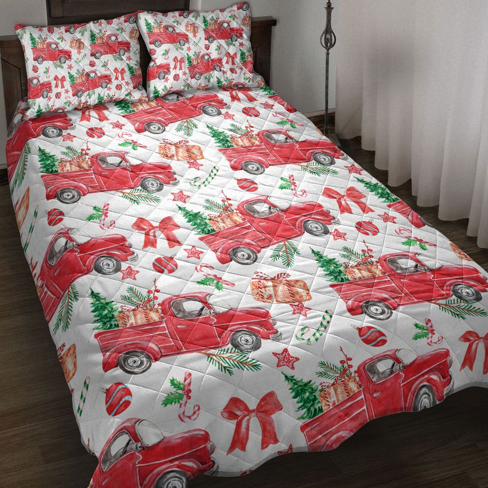 Christmas Red Truck Fir Tree Candy Cane Winter Holiday Bedding Set, Christmas Beddings, Xmas Bedding Sets