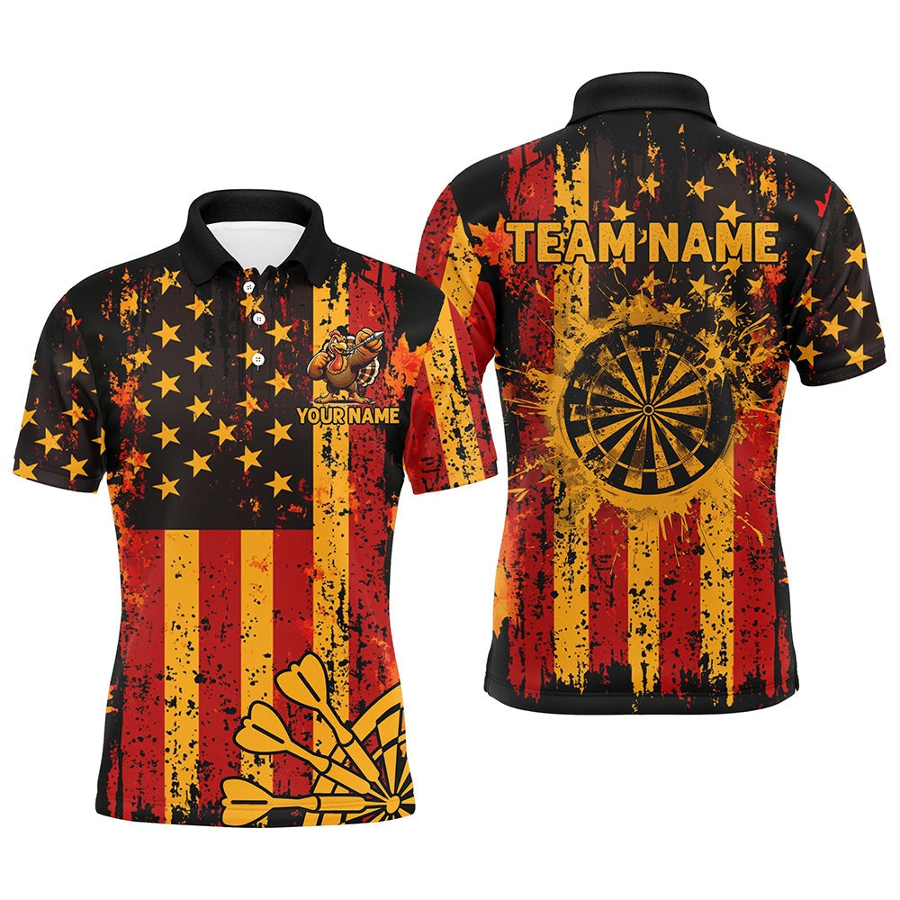 Custom Autumn Grunge Us Flag Patriotic Dart Shirts For Men, Thanksgiving Retro Darts Team Polo, Darts Team Polo Shirt