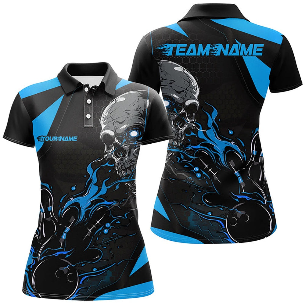 Custom Black And Blue Flame Ladies Bowling Shirts, Halloween Skull Bowling Shirts Outfits, Bowling Team Shirts