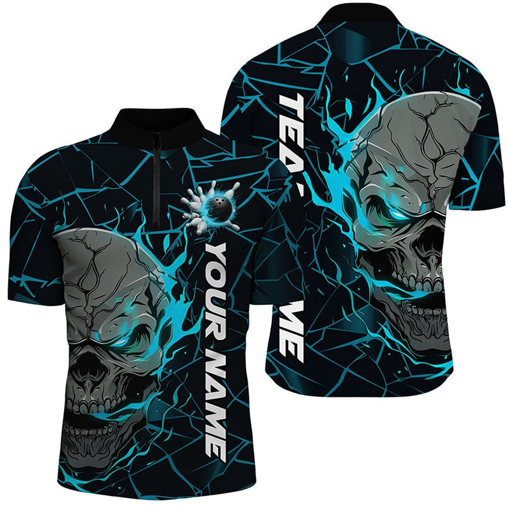 Custom Blue Flame Skull Bowling Shirts For Men, Halloween Bowling Team Outfits , Bowling Jersey Shirt