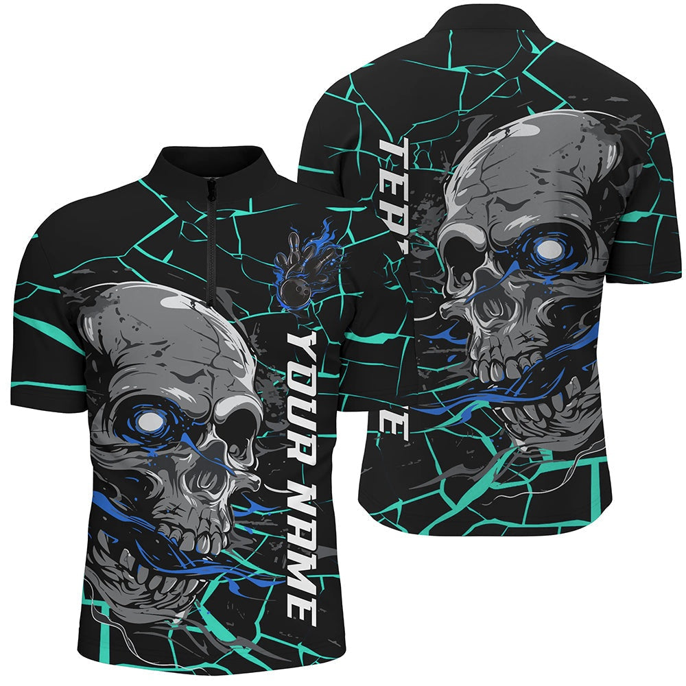 Custom Blue Halloween Skull Bowling Shirts For Men, Outfit Bowling For Team , Bowling Jersey Shirt