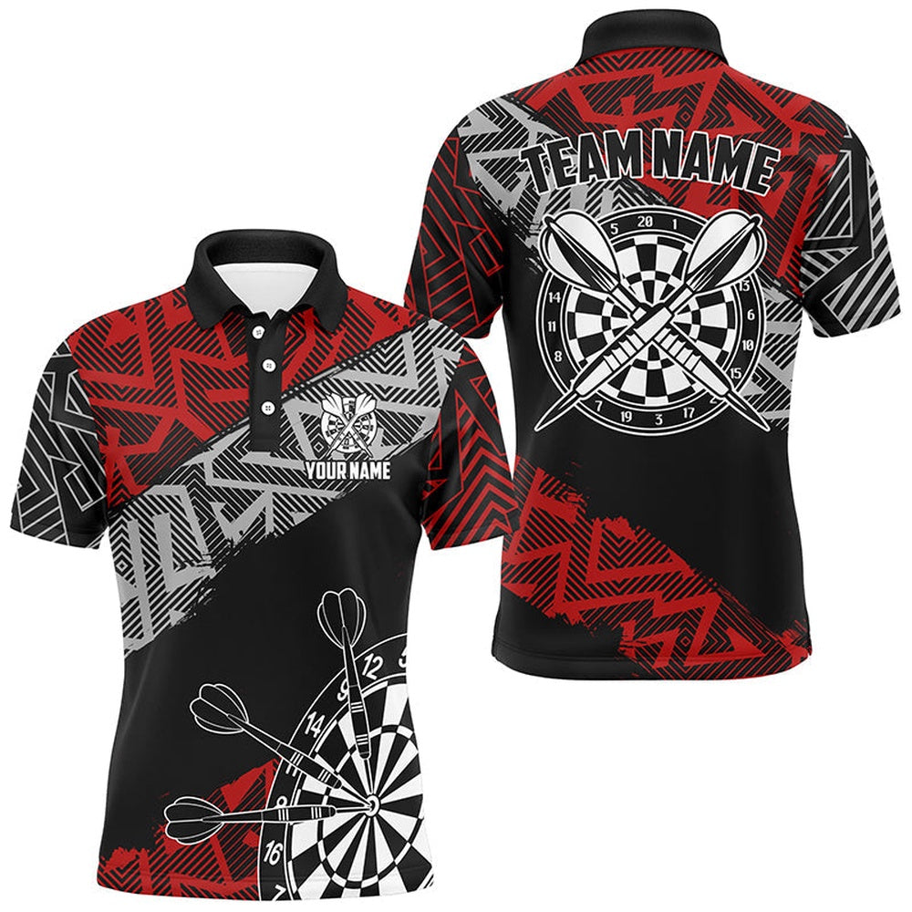 Custom Darts Shirts For Men Personalized Zig-Zag Pattern Dart Polo, Cool Darts Team Shirts Red, Darts Team Polo Shirt