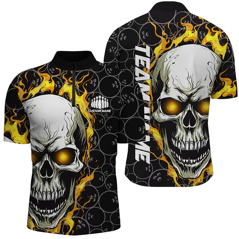 Custom Flaming Skull Team Bowling Shirts For Men, Halloween Bowling Jerseys Yellow , Bowling Jersey Shirt