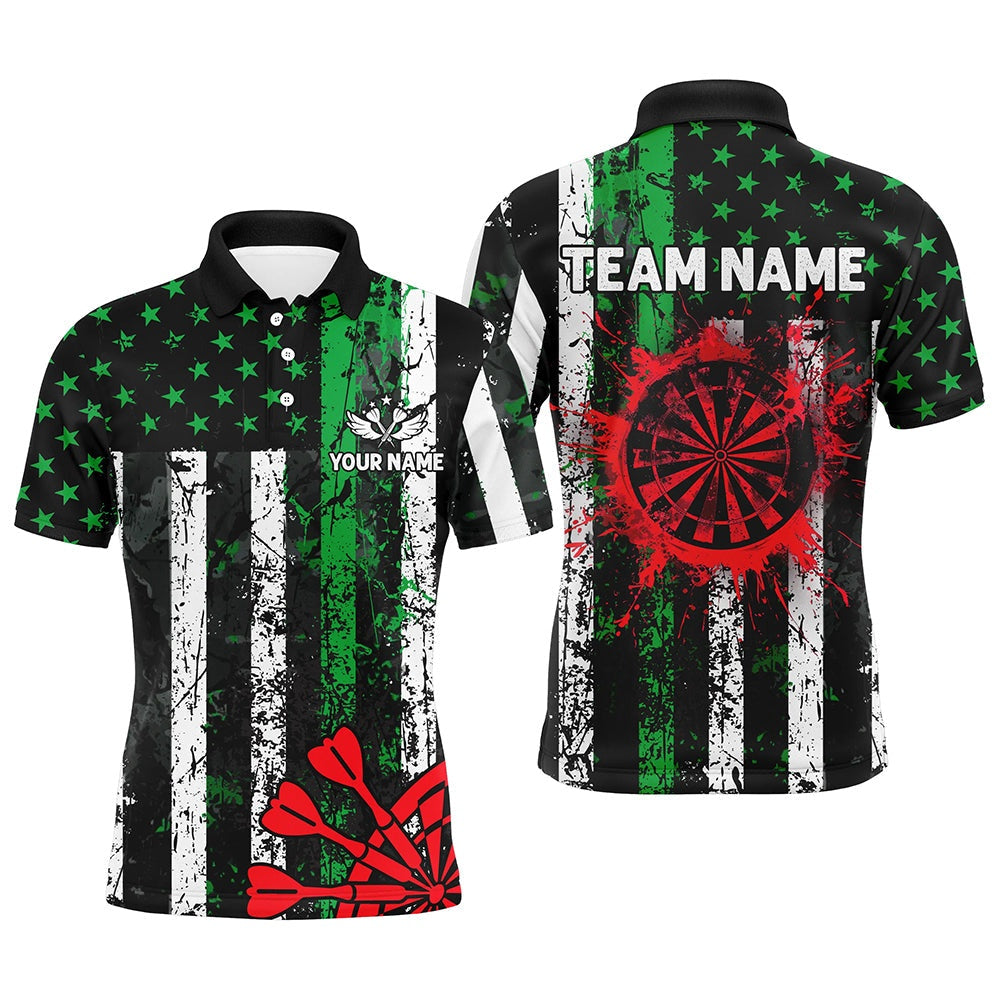 Custom Green And Red Grunge US Flag Men Dart Shirts, Patriotic Christmas Darts Team Polo, Darts Team Polo Shirt