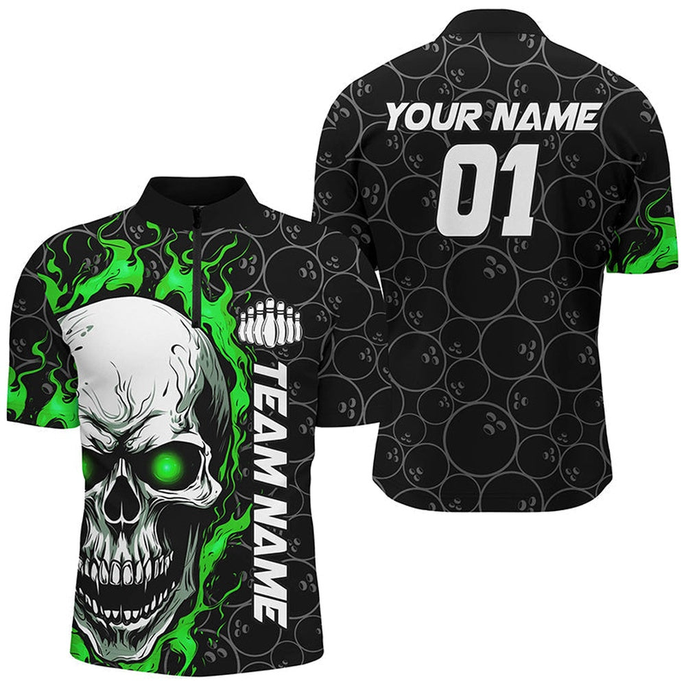 Custom Green Flame Skull Halloween Bowling Shirts For Men With Custom Name, Team Name, Number , Bowling Jersey Shirt