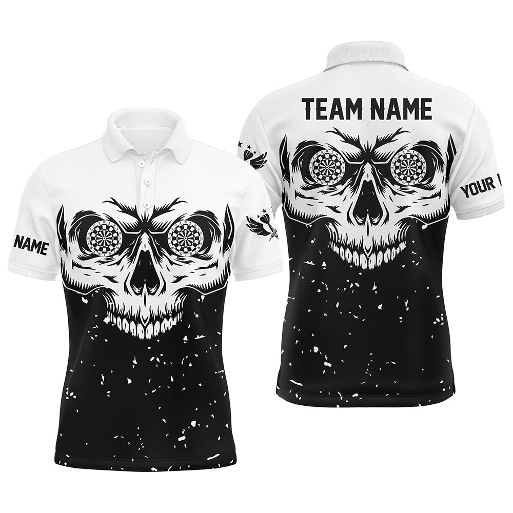 Custom Grunge Black White Skull Darts Men Polo Shirts, Personalized Team League Darts Shirts, Darts Team Polo Shirt