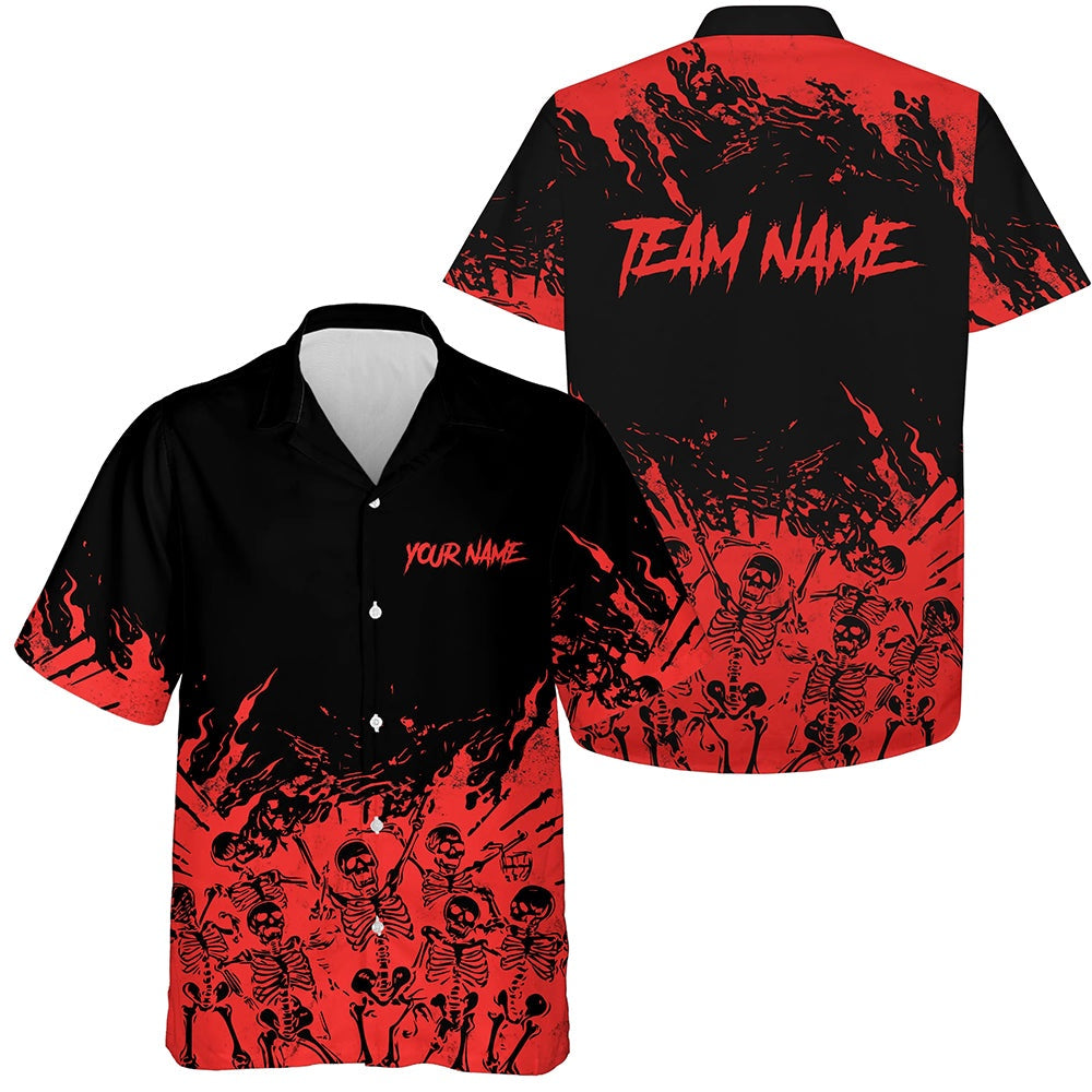 Custom Hawaiian Bowling ShirtsRed And Black Skull Halloween Bowling Button Down Shirts, Bowling Team Hawaiian