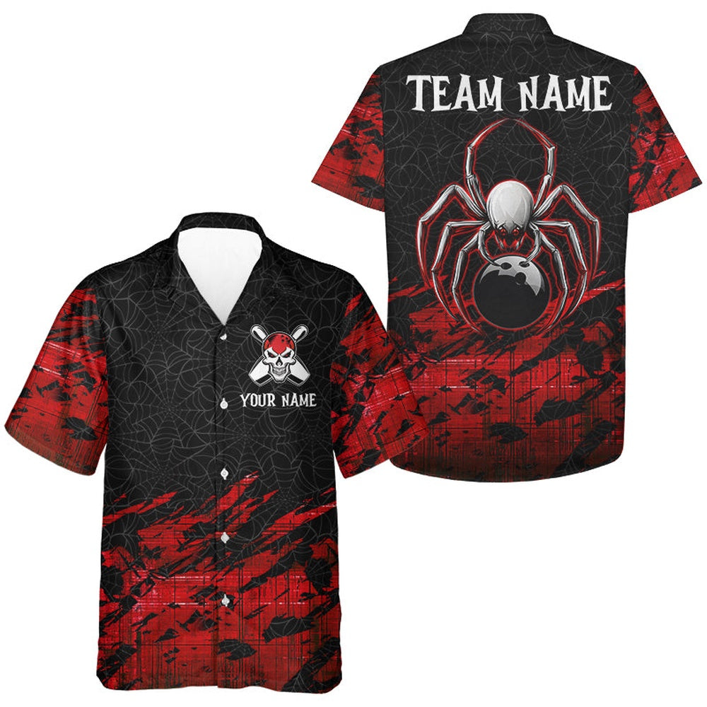 Custom Hawaiian Bowling ShirtsRed And Black Spider Halloween Bowling Button Down Shirts, Bowling Team Hawaiian