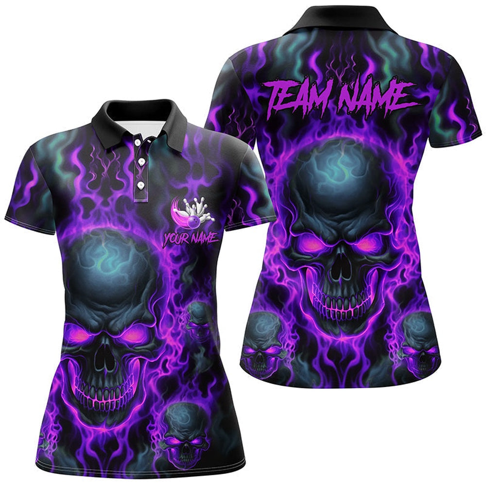 Custom Ladies Bowling Polo Shirts Purple Flame Skull Team Bowling Polo Halloween Outfits, Bowling Team Shirts