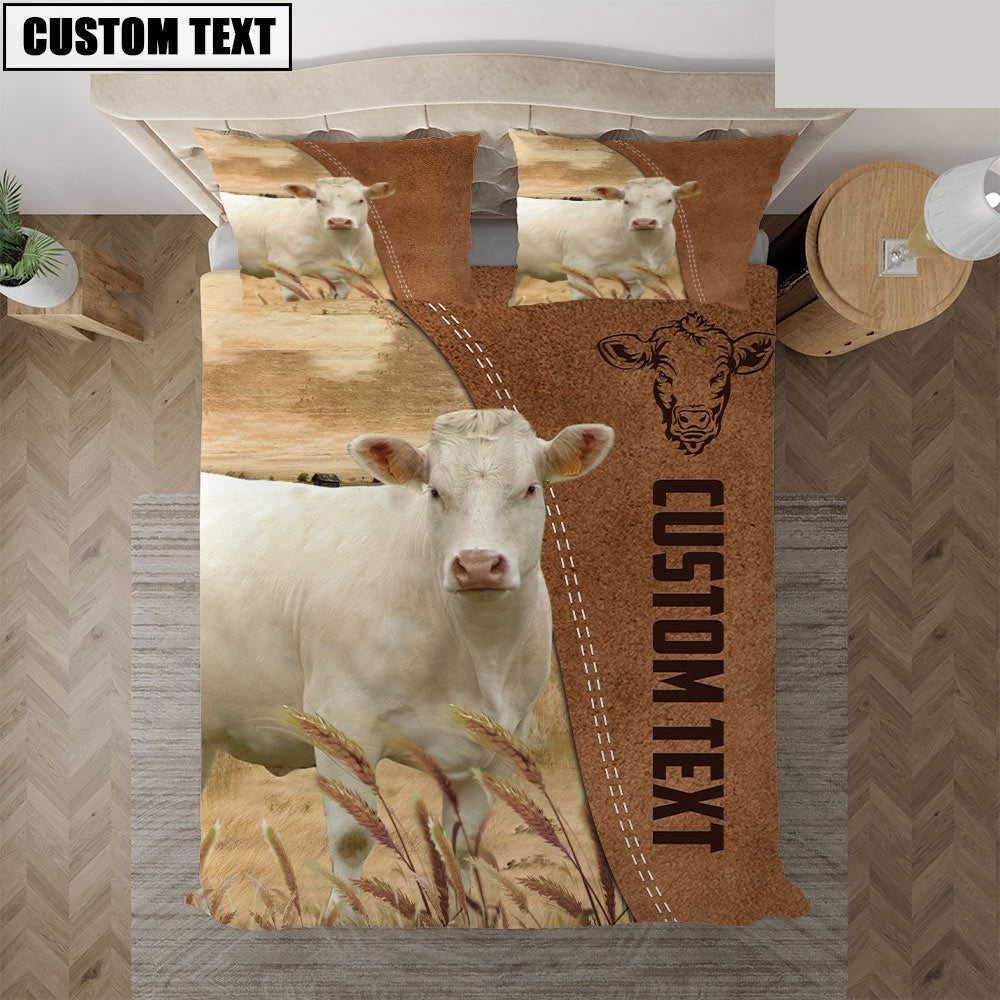 Custom Name Charolais Cattle Brown Bedding Set, Farm Bedding Set, Farmhouse Bedding Set