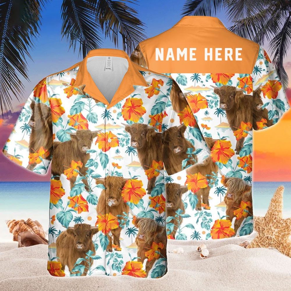 Custom Name Highland Cow Hibiscus Flowers All 3D Printed Hawaiian shirt, Farm Hawaiian Shirt, Farmer Hawaii