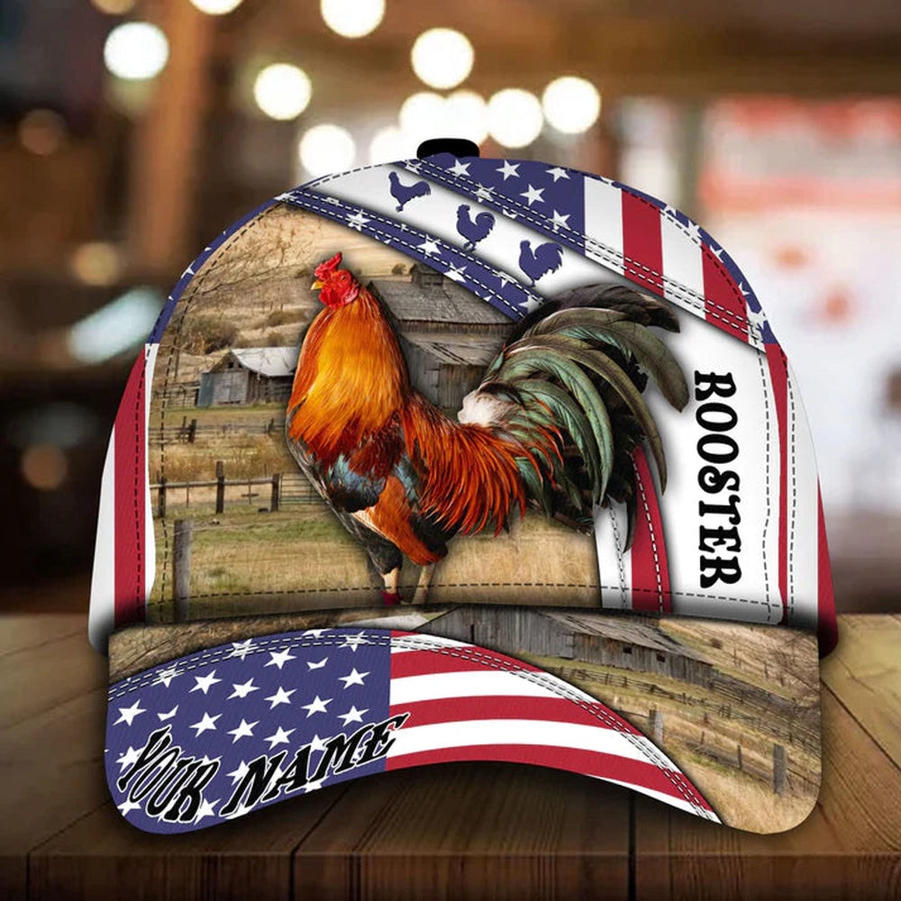 Custom Name Rooster U.S Flag Pattern Cap, Farmer Cap, Vintage Farmer Hat, Mens Farmer Hats, Cap For Farmers