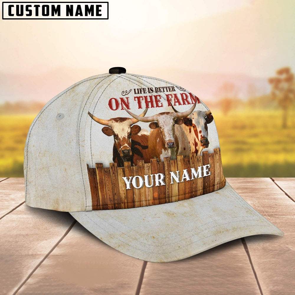 Custom Name Texas Longhorn On The Farm Cattle Cap, Farmer Cap, Vintage Farmer Hat, Mens Farmer Hats, Cap For Farmers