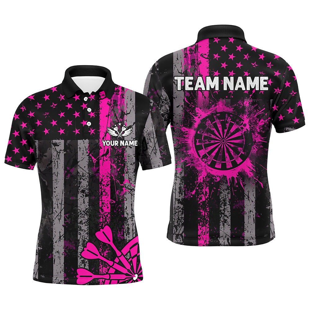 Custom Pink Grunge US Flag Patriotic Darts Shirt For Men, Retro Darts Board Darts Team Polo, Darts Team Polo Shirt