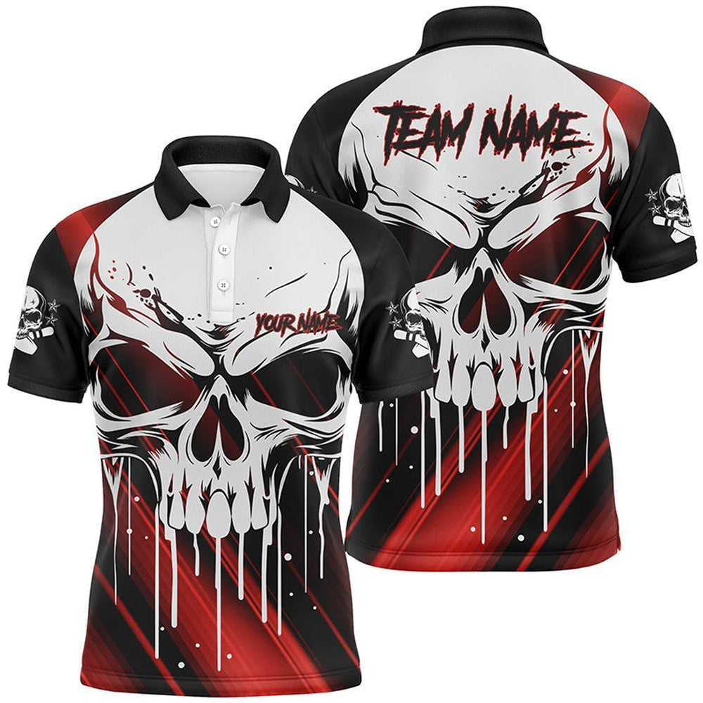 Custom Skull Bowling Polo For Men Bowling Team Name Polo Shirts Halloween Outfits Red, Bowling Team Shirts