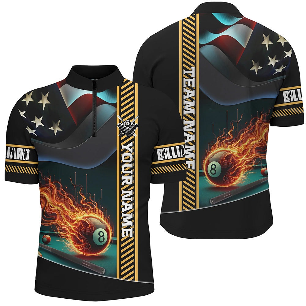 Custom US Flag Flame 8 Ball Pool Jersey Shirts, Patriotic Billiard Attire Jerseys, Billiard Team Jersey Shirt