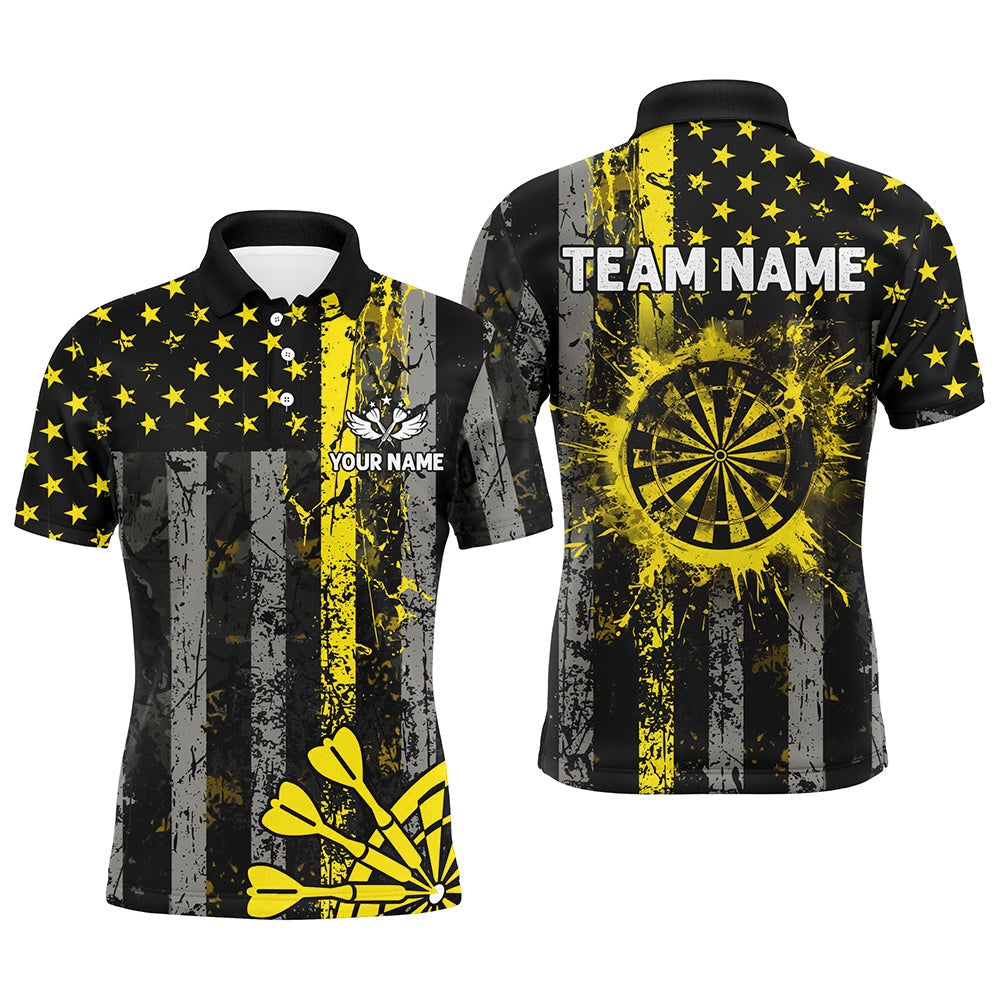 Custom Yellow Grunge US Flag Patriotic Darts Shirt For Men, Retro Darts Board Darts Team Polo, Darts Team Polo Shirt