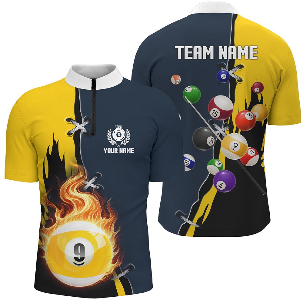 Custom Yellow Navy 9 Ball Pool Jerseys Jersey Shirts Unique Billiard Balls Shirts, Billiard Team Jersey Shirt