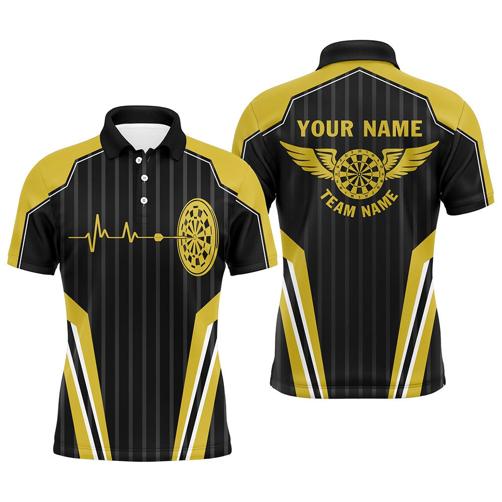 Customized Dart Board Lovers Yellow Heartbeat Mens Polo Shirt Darts Polo For Men, Darts Team Polo Shirt