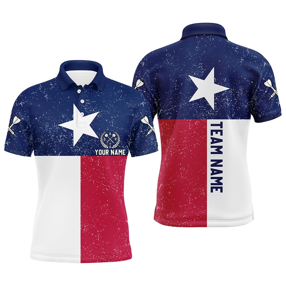 Customized Grunge Texas Flag Darts Men Polo Shirts, Patriotic Texas Darts Polo For Dart Players, Darts Team Polo Shirt
