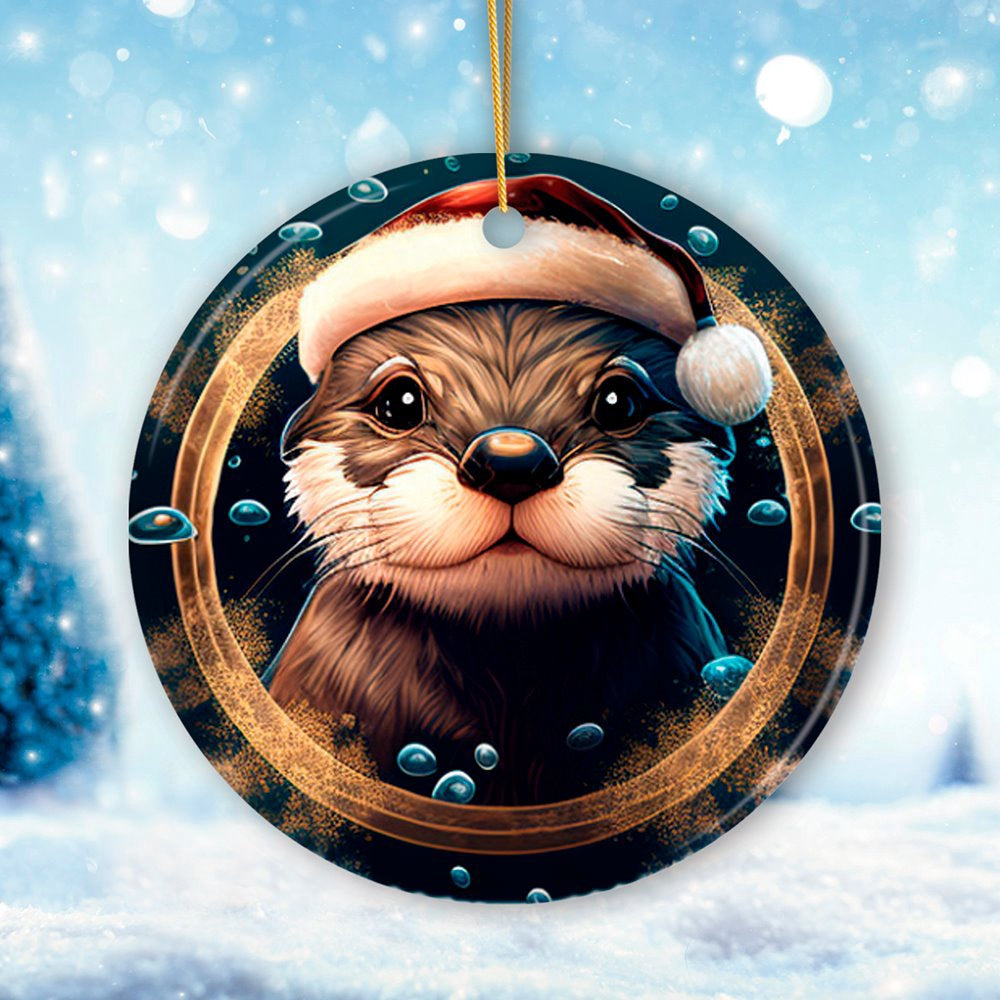 Cute Otter with Santa Hat Coastal Christmas Ornament, Christmas Ornament