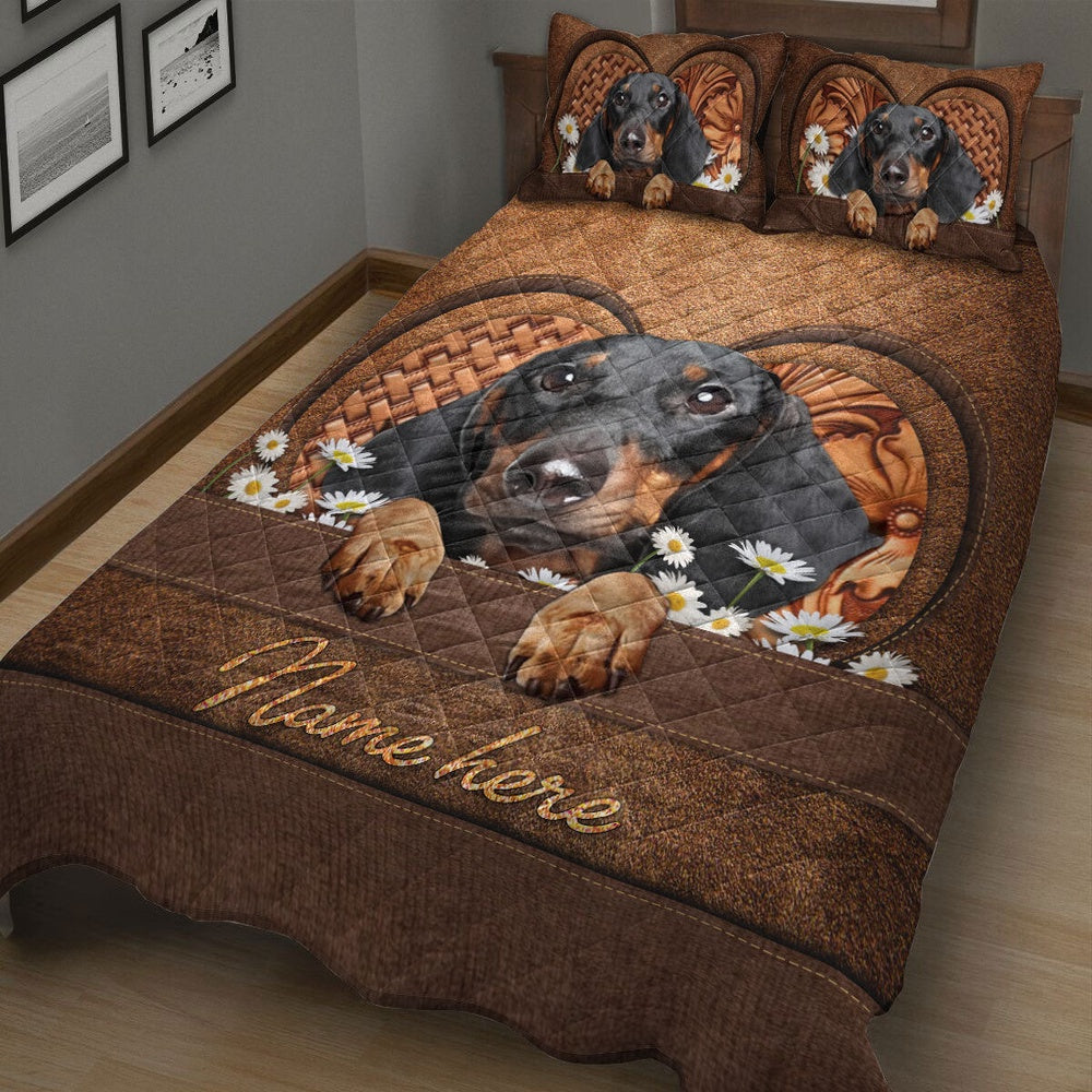 Dachshund Customized Name and Dog Quilt Bedding Set, Farm Bedding Set, Farmhouse Bedding Set