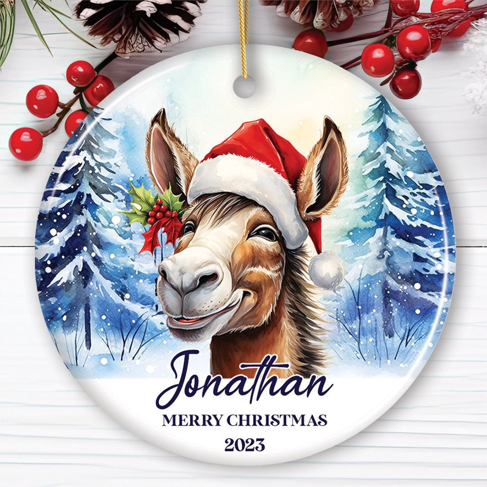 Donkey with Santa Hat Personalized Ornament, Winter Forest Christmas, Christmas Ornament, Personalized Ornaments